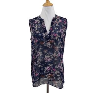 Caslon Blouse Womens S Small Multi Floral Print Sleeveless Split V Neck Sheer